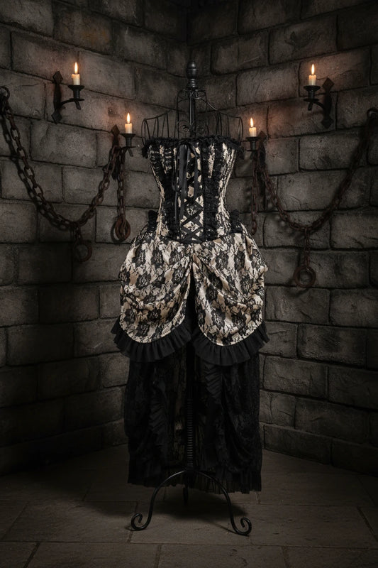 Cream with Black Lace Overlay Bustle Corset Dress