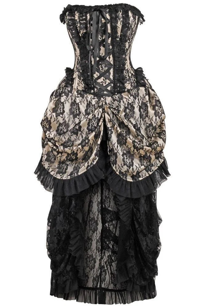Cream with Black Lace Overlay Bustle Corset Dress
