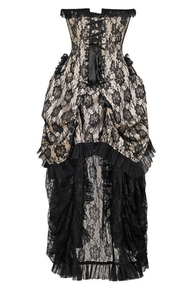 Cream with Black Lace Overlay Bustle Corset Dress