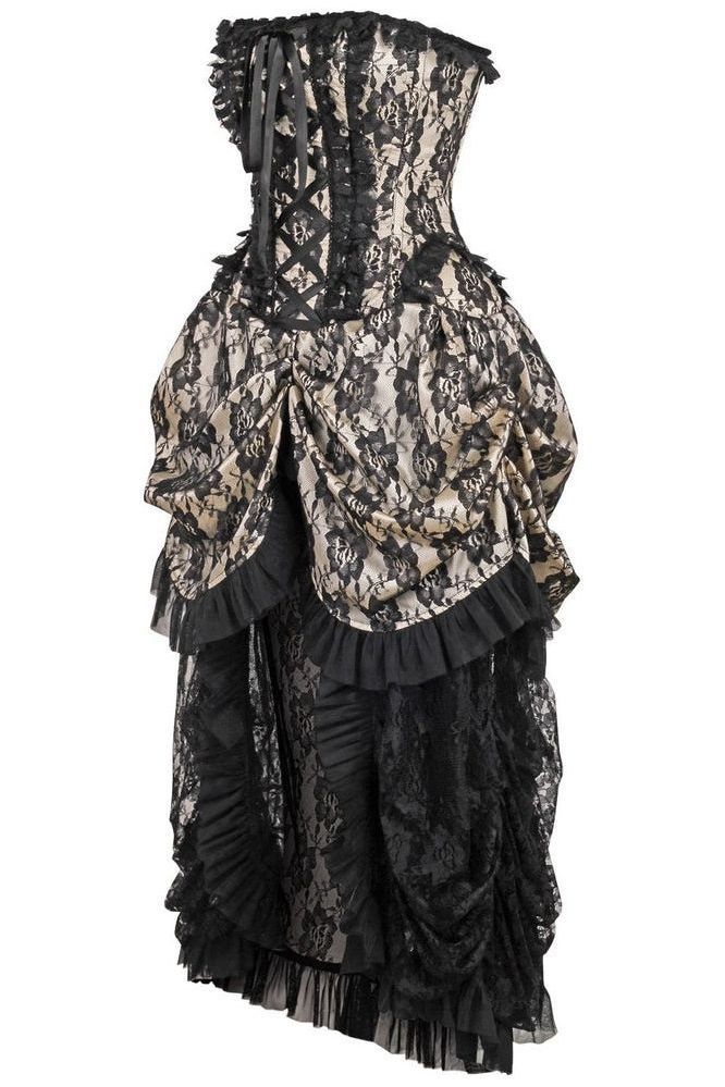 Top Drawer Steel Boned Cream w/Black Lace Bustle Corset Dress - Daisy Corsets