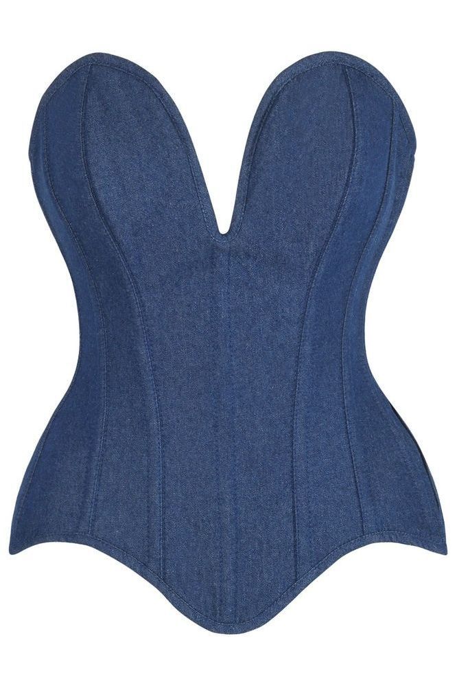 Top Drawer Steel Boned Dark Blue Denim Plunge Neckline Overbust Corset - Daisy Corsets