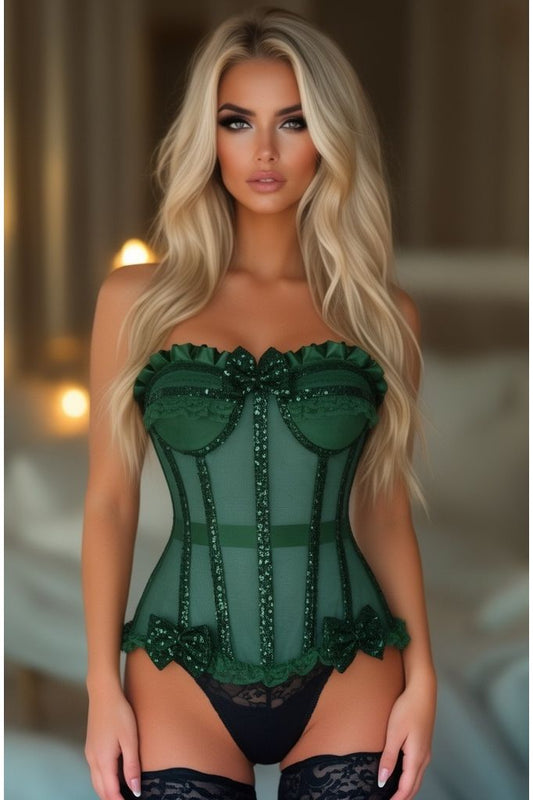 Top Drawer Steel Boned Dark Green Sequin Underwire Bustier Corset
