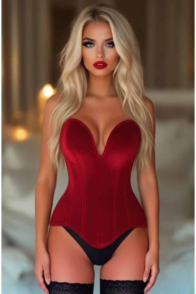 Top Drawer Steel Boned Dark Red Velvet Plunge Neckline Overbust Corset - Daisy Corsets