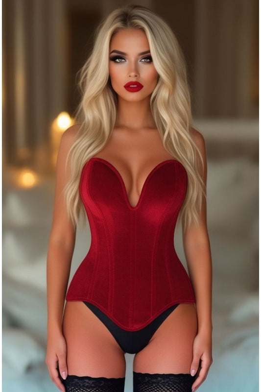 Top Drawer Steel Boned Dark Red Velvet Plunge Neckline Overbust Corset