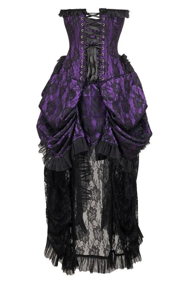 Purple with Black Lace Overlay Bustle Corset Dress