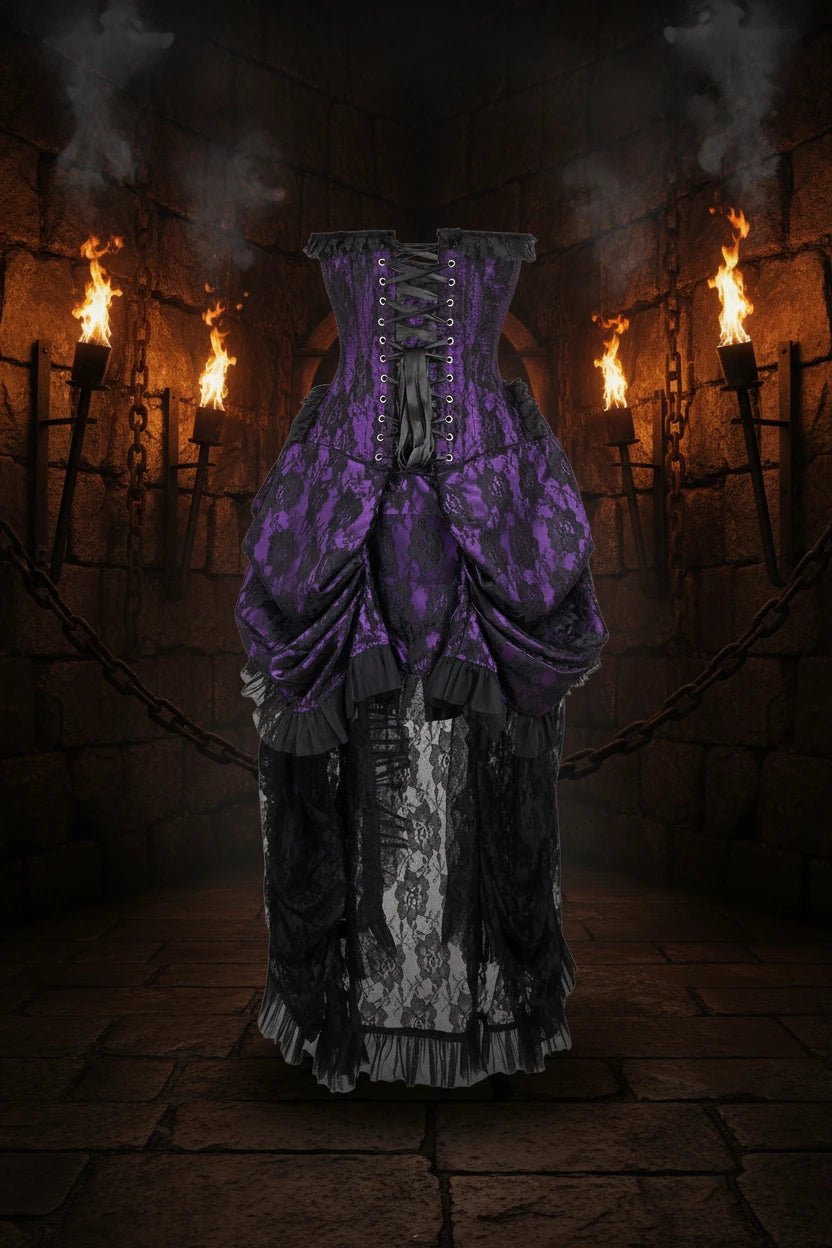 Purple with Black Lace Overlay Bustle Corset Dress
