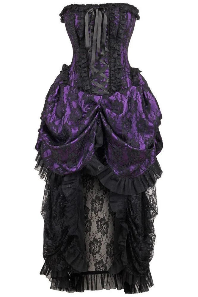 Purple with Black Lace Overlay Bustle Corset Dress