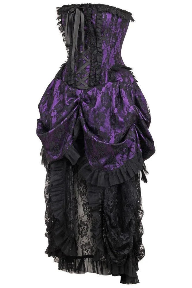 Purple with Black Lace Overlay Bustle Corset Dress