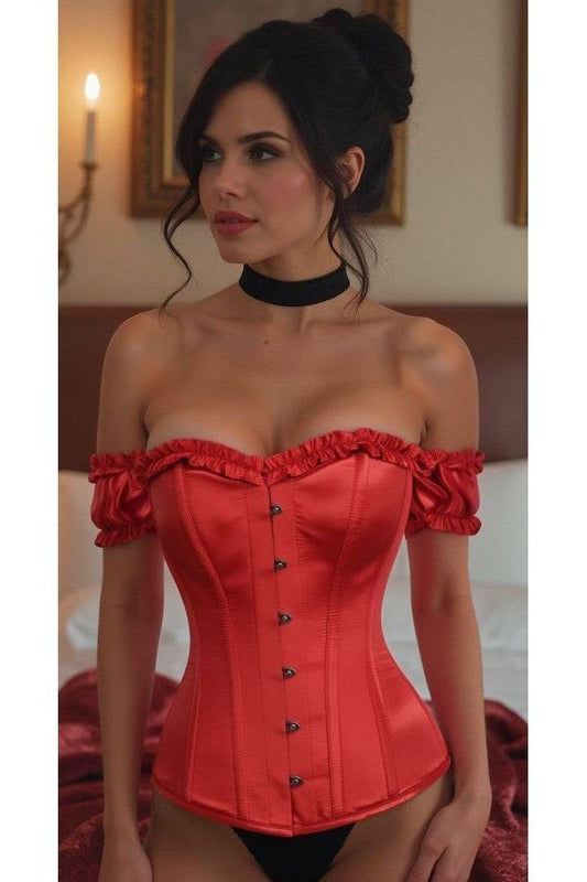 LIMITED EDITION Top Drawer Steel Boned Red Satin Overbust Corset w/Sleeves