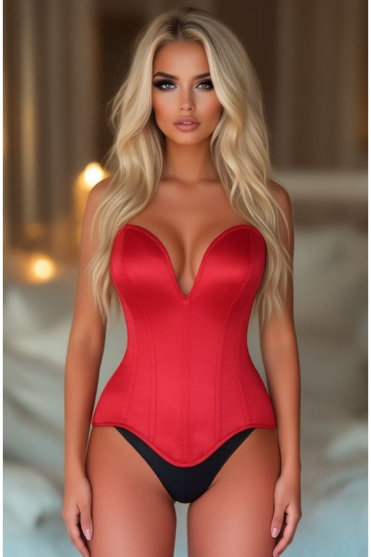 Top Drawer Steel Boned Red Satin Plunge Neckline Overbust Corset