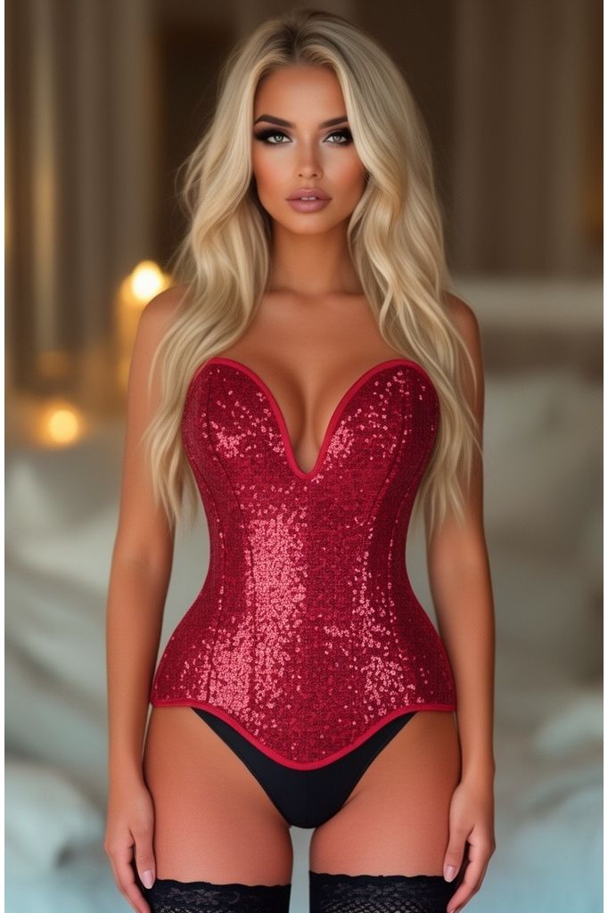 Top Drawer Steel Boned Red Sequin Plunge Neckline Overbust Corset - Daisy Corsets
