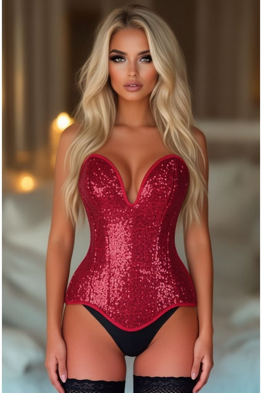 Top Drawer Steel Boned Red Sequin Plunge Neckline Overbust Corset