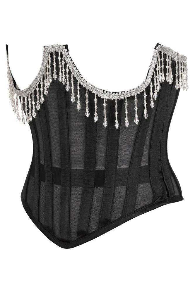 Steel Boned Sheer Underwire Waist Cincher w/Fringe