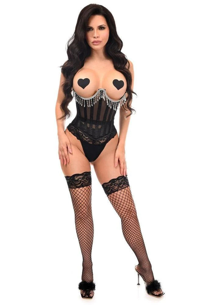 Steel Boned Sheer Underwire Waist Cincher w/Fringe