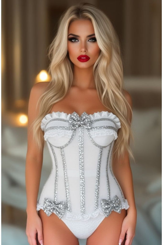 Top Drawer Steel Boned Silver Sequin Underwire Bustier Corset