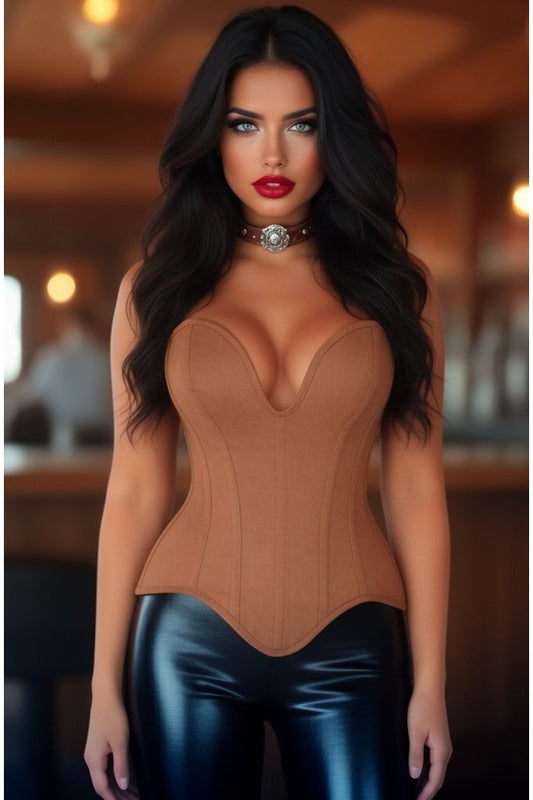 Top Drawer Steel Boned Tan Suede Deep Plunge Overbust Corset Top