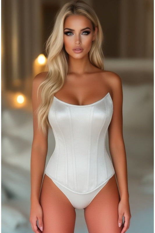 Top Drawer White Satin Steel Boned Overbust Corset with Side Zipper