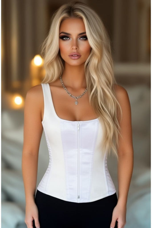 Top Drawer White Satin Steel Boned Uniforming Corset w/Straps