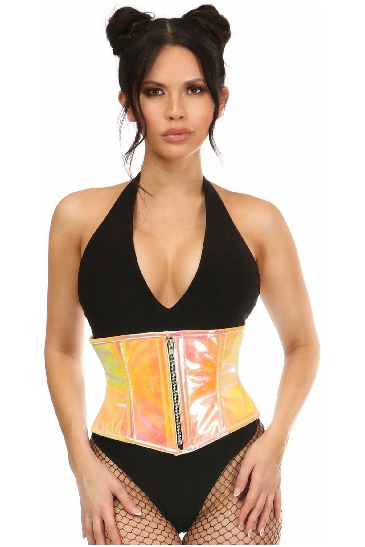 Top Drawer Yellow/Pink Holo Steel Boned Mini Cincher - Daisy Corsets