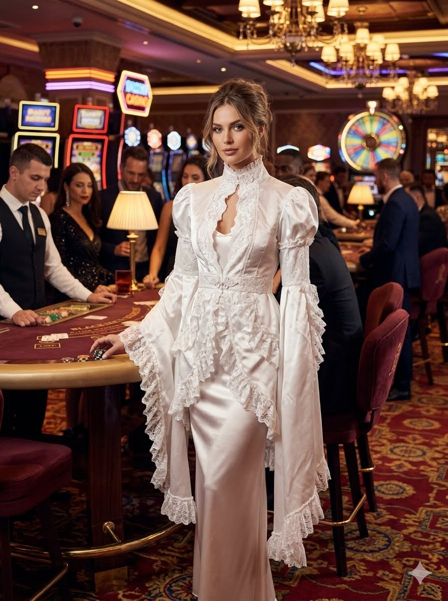 White Satin and Lace Ruffled Jacket