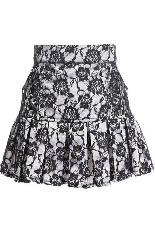 White Satin w/Black Lace Overlay Lace-Up Skirt