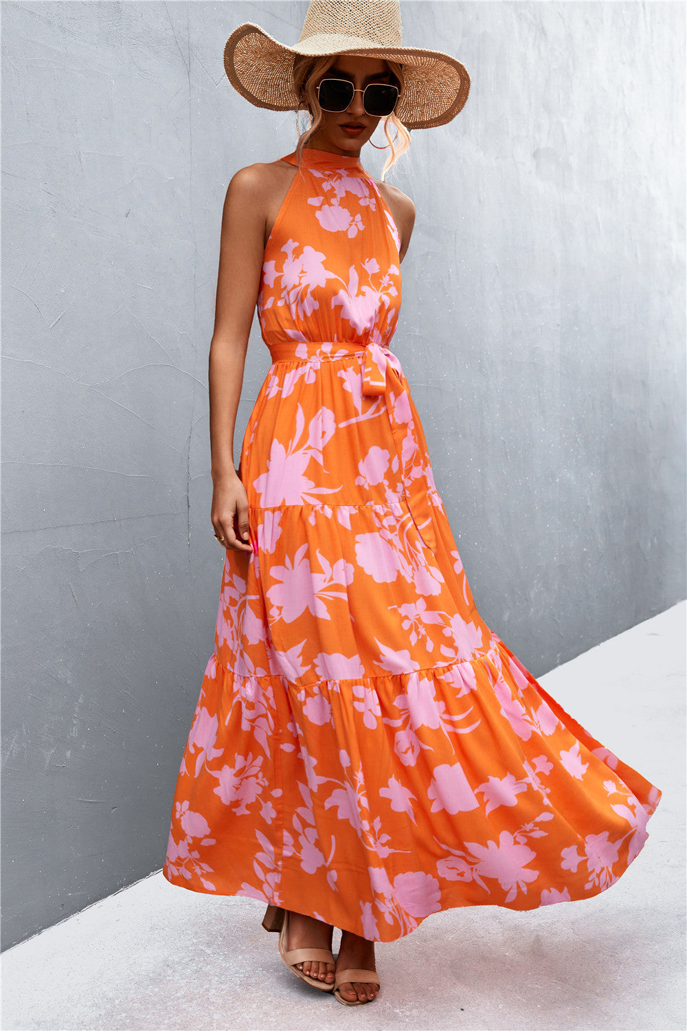 Printed Sleeveless Maxi Dress Ties at Waist in 11 Color Choices in Size S, M, or L