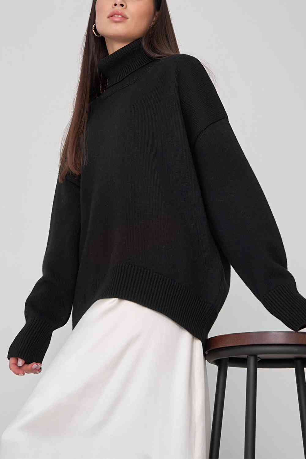 Turtle Neck Dropped Shoulder Sweater Black