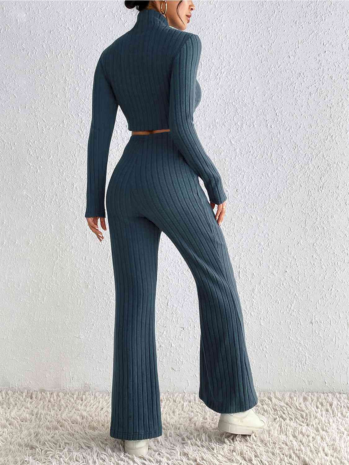 Peacock Blue Ribbed Cropped Sweater and High Waist Pants Set in Size S, M, L, or XL