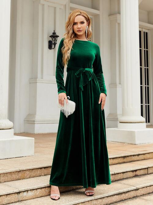 Tie Front Round Neck Long Sleeve Maxi Dress in 6 Color Choices in Size S, M, L, or XL