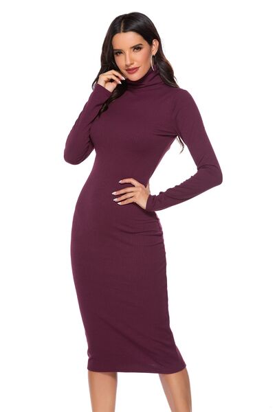 Ribbed Turtleneck Long Sleeve Dress in 5 Color Choices in Size S, M, or L