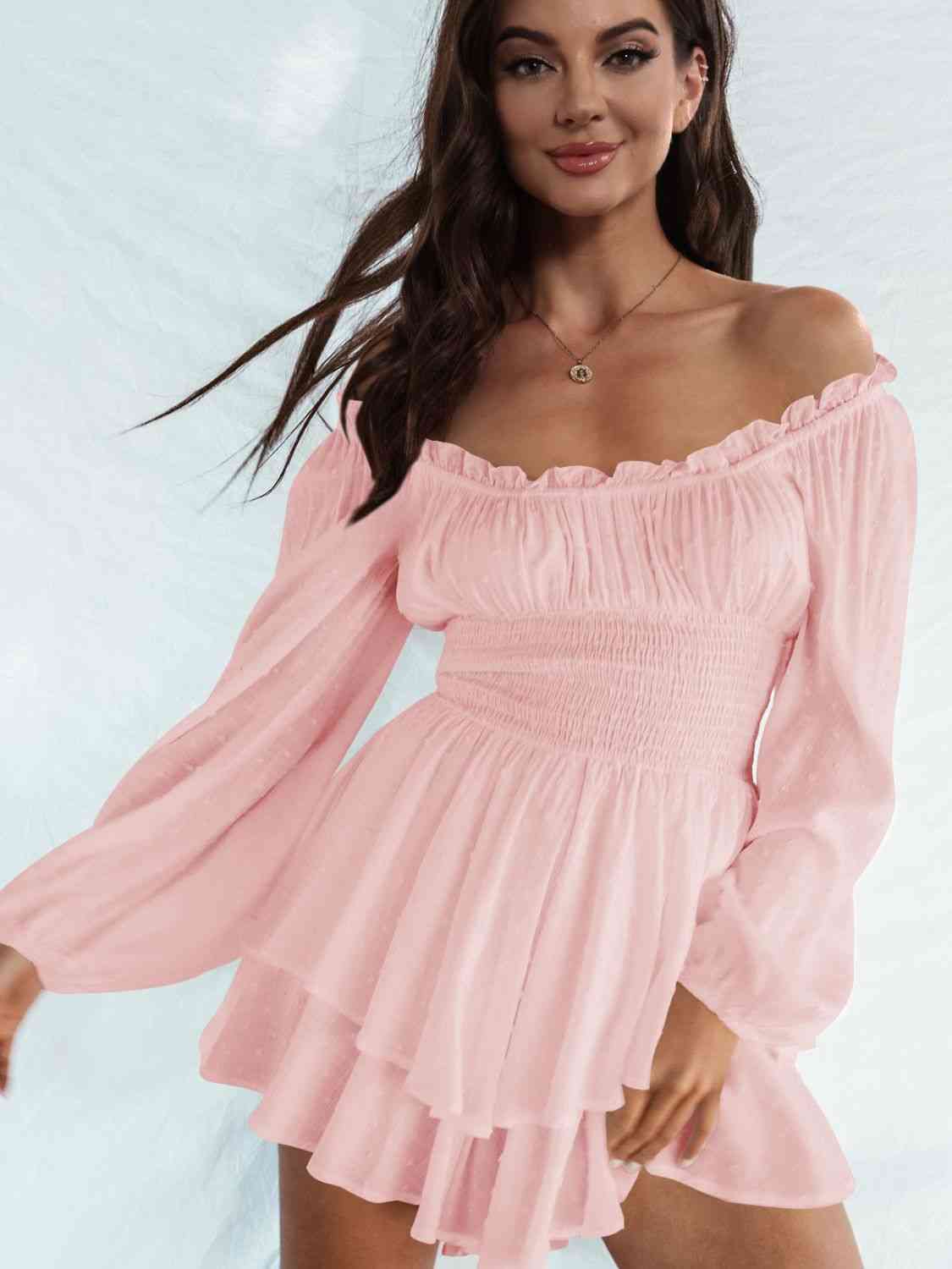 Off Shoulder Smocked Waist Romper Blush Pink