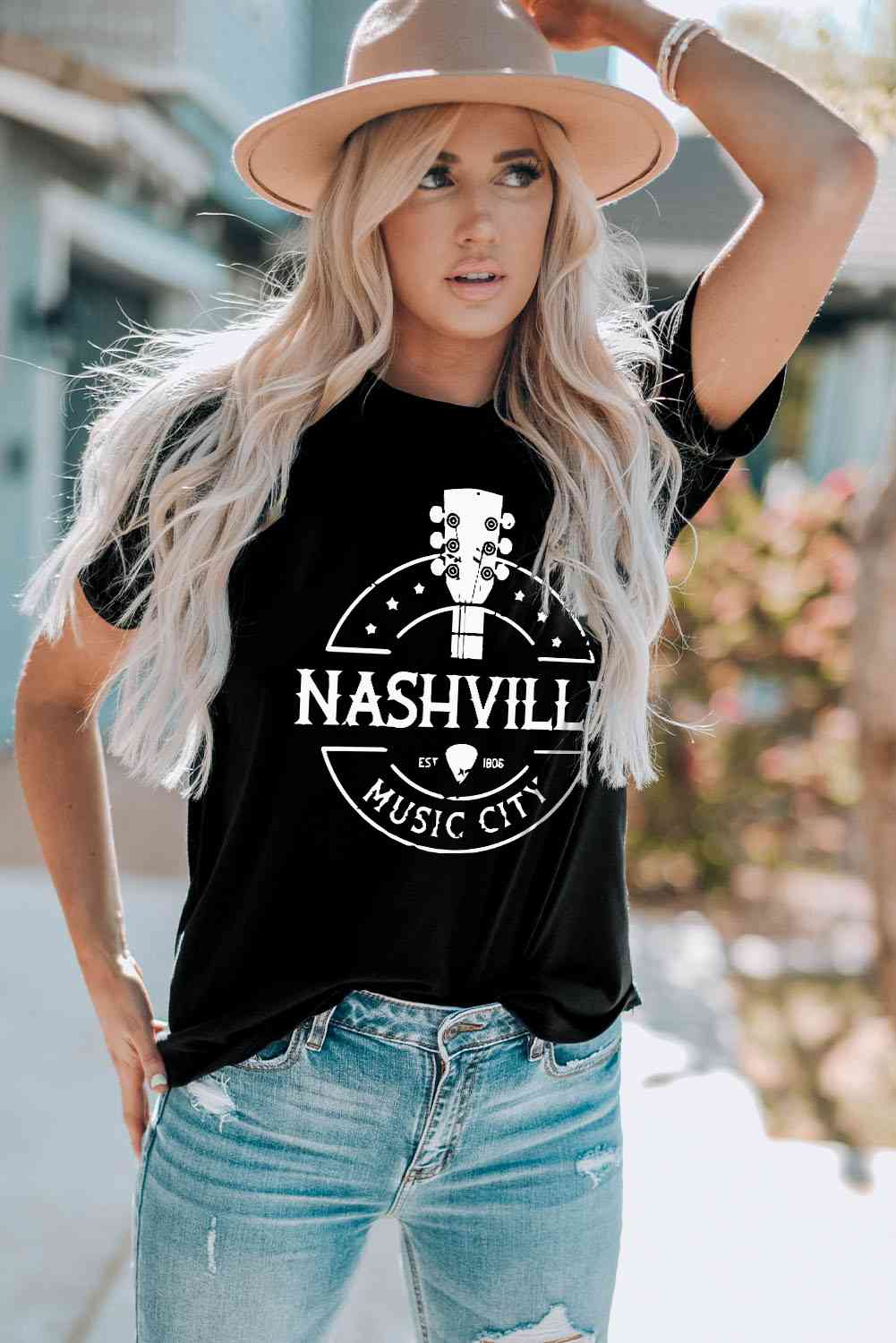 Western NASHVILLE MUSIC CITY Cuffed Graphic Tee Shirt