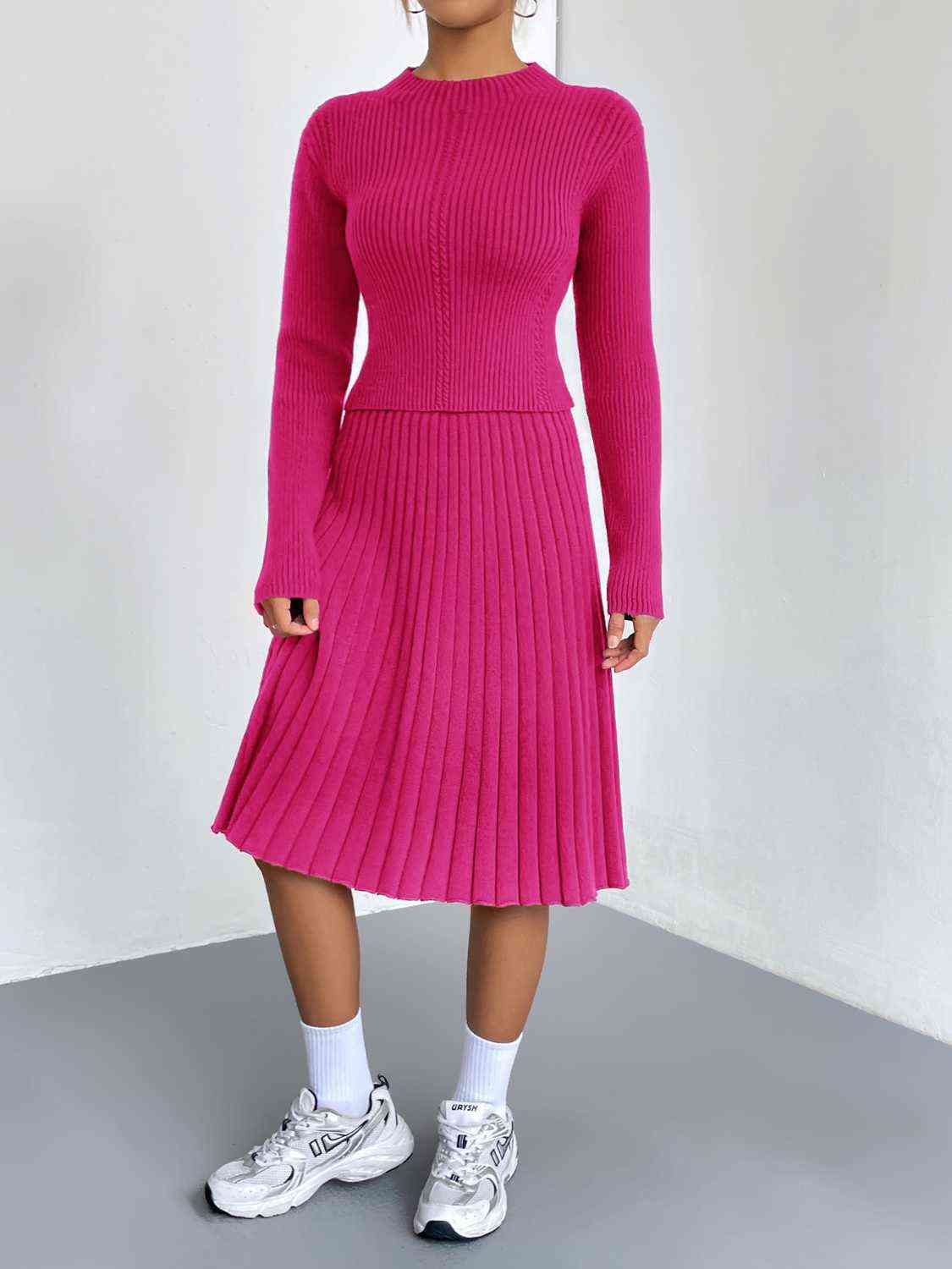 Rib-Knit Sweater and Skirt Set in 4 Color choices in Size S, M, L, or XL