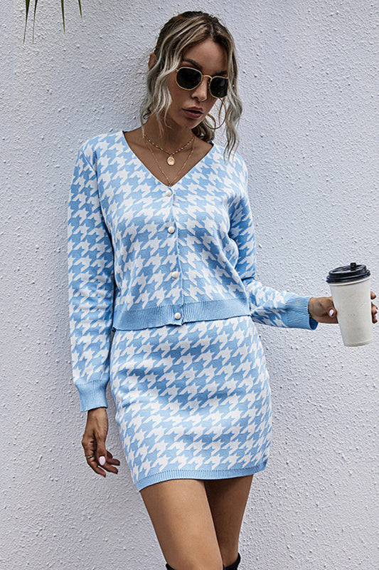 Sky Blue Houndstooth Button Front Sweater and Skirt Set in Size S, M, or L