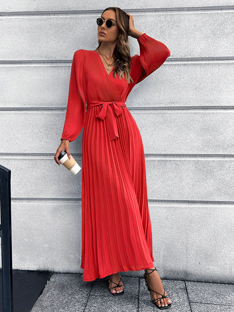 V Neck Pleated Maxi Dress in 5 Color Choices in Size S, M, L, XL, or 2XL