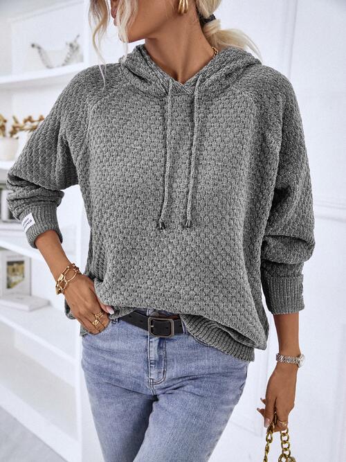 Texture Drawstring Long Sleeve Hooded Sweater Charcoal