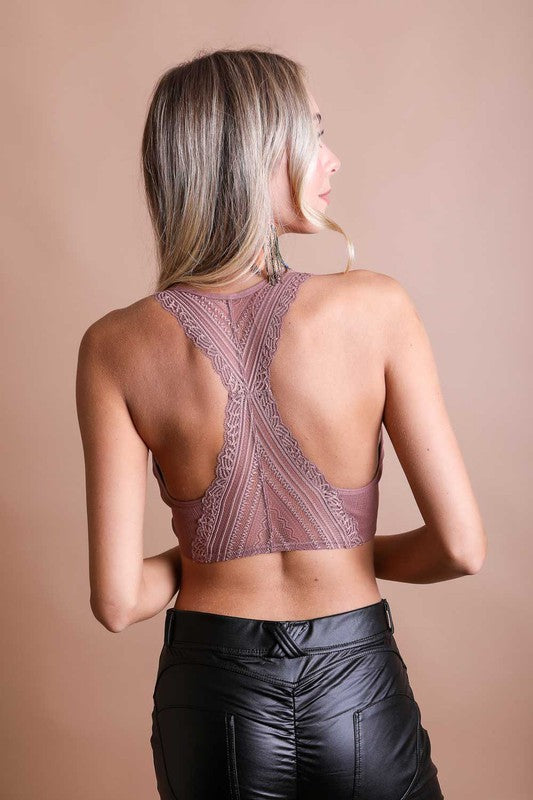 LETO Seamless Front Lace Racerback Bralette in 5 Sexy Color Choices in Size S, M, or L
