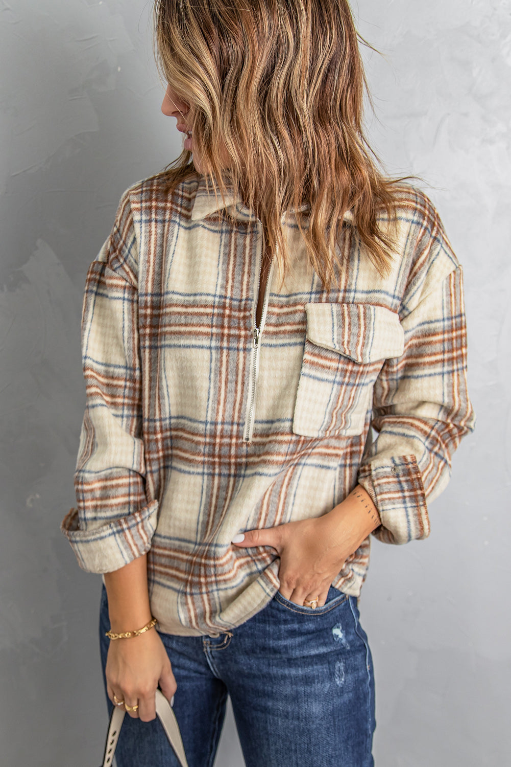 Plaid Half-Zip Collared Curved Hem Sweatshirt Khaki