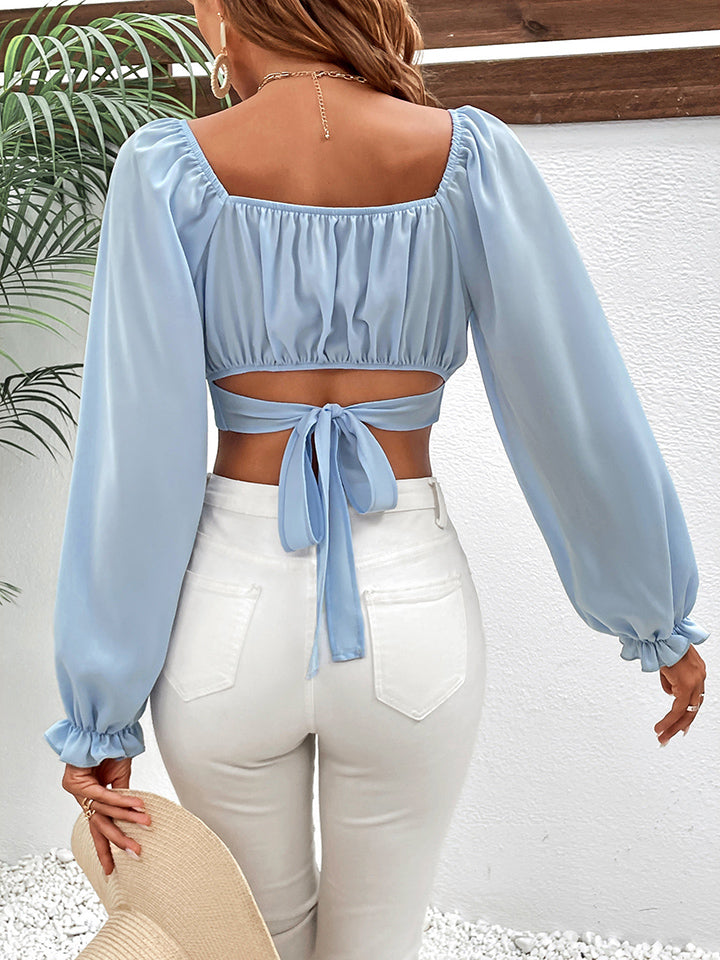 Pastel Blue Raglan Long Sleeve Cropped Blouse in Size S, M, L, or XL