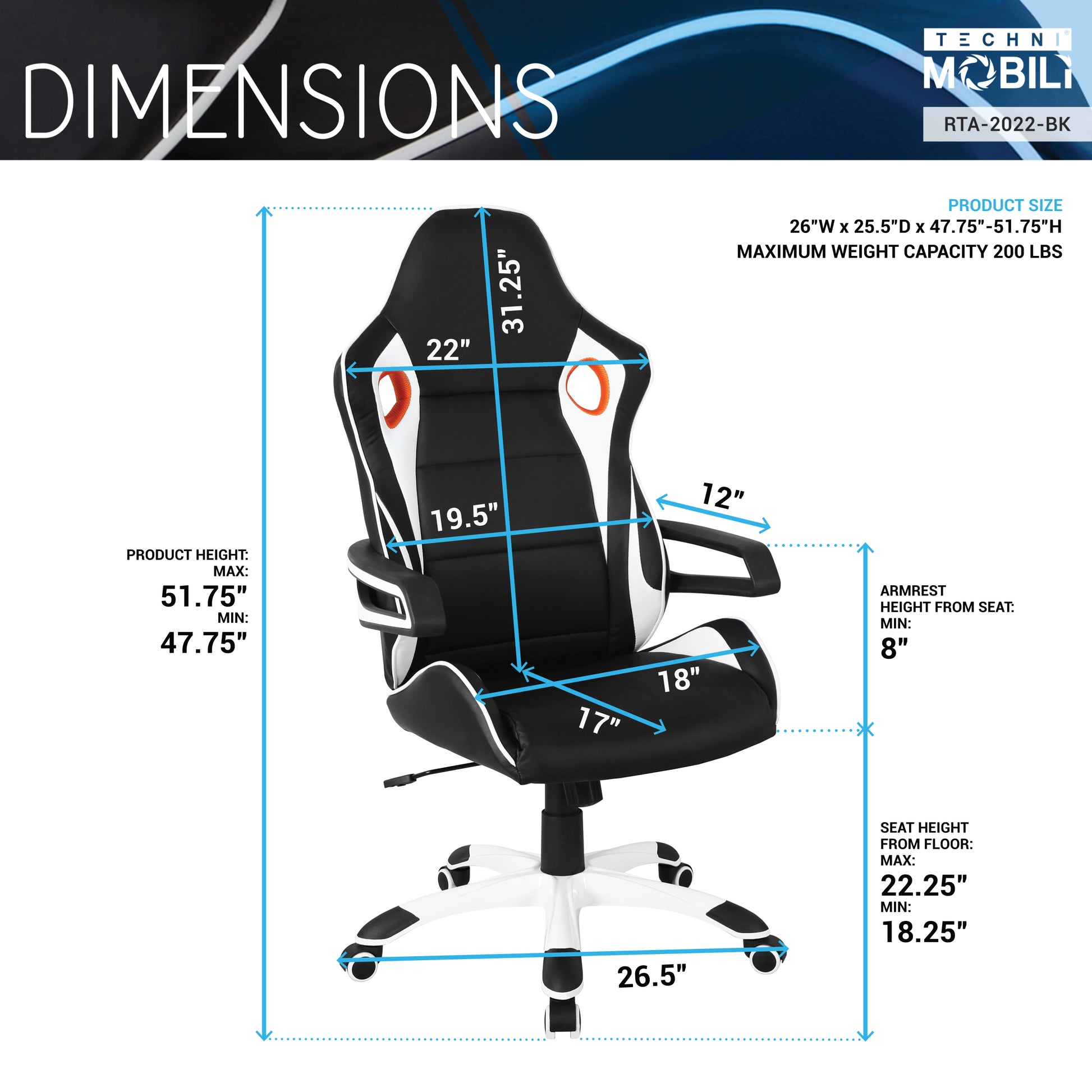 Techni Mobili Racing Style Home Office Chair, Black PU Leather