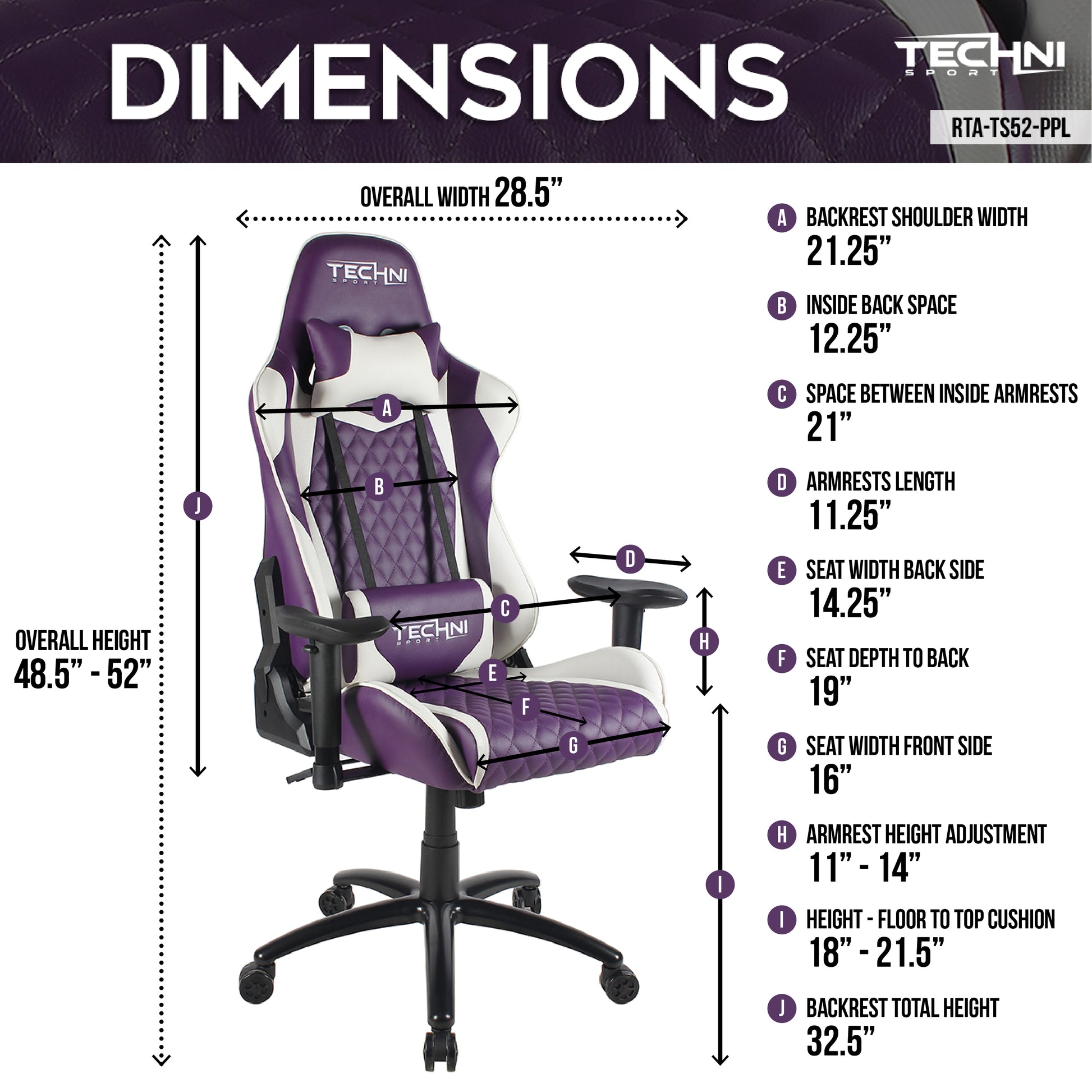 Techni Sport TS-52 Ergonomic High Back Racer Style PC Gaming Chair, Purple PU Leather