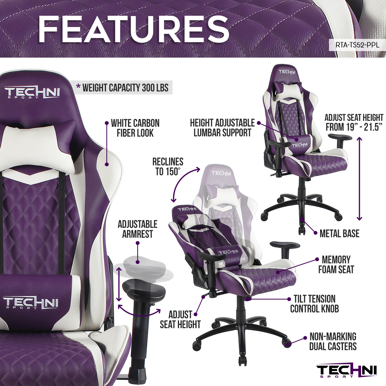 Techni Sport TS-52 Ergonomic High Back Racer Style PC Gaming Chair, Purple PU Leather