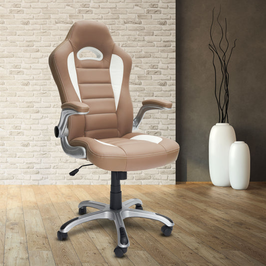 Techni Mobili High Back Executive Sport Race Office Chair with Flip-Up Arms - Camel PU Leather