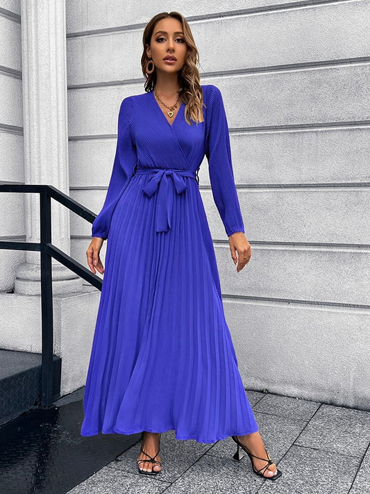 V Neck Pleated Maxi Dress in 5 Color Choices in Size S, M, L, XL, or 2XL