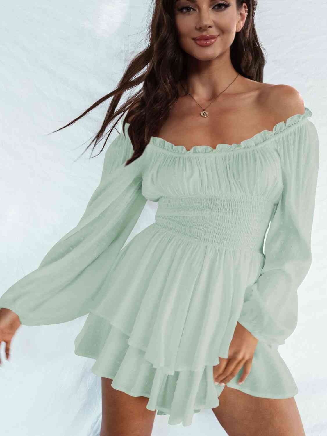 Off Shoulder Smocked Waist Romper Gum Leaf