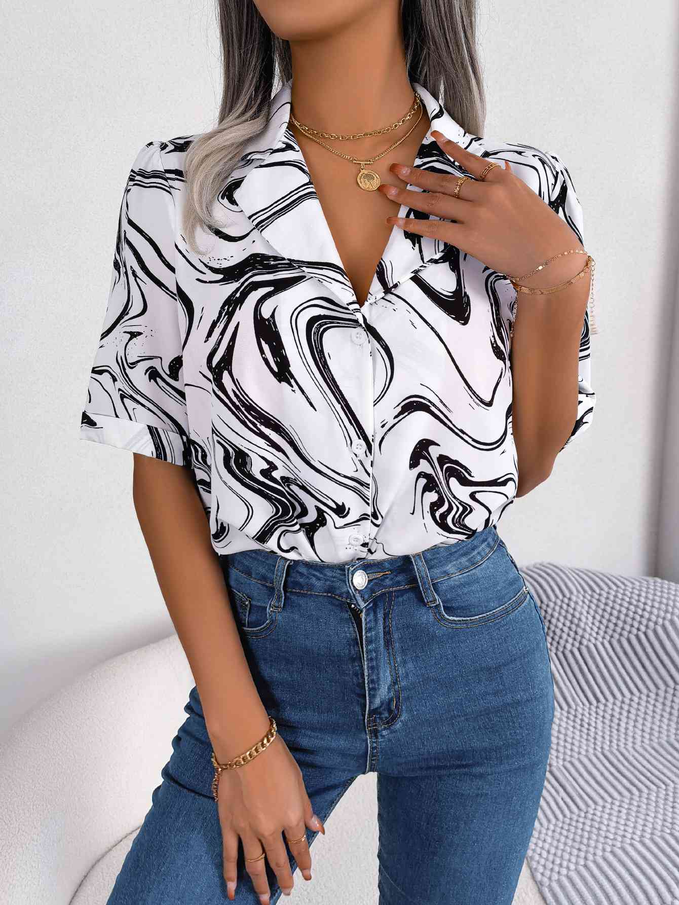 Printed Lapel Collar Shirt White