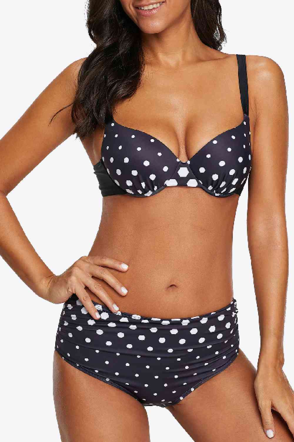 High Waist Polka Dot Bikini in Size M, L, XL, or 2XL Black Polka Dot