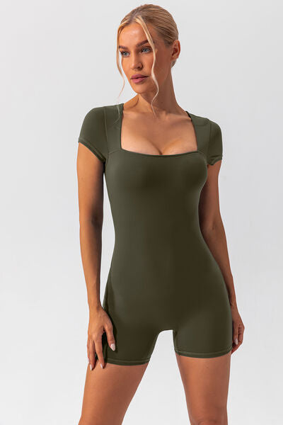 Square Neck Cap Sleeve Active Romper Moss