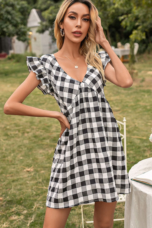 Plaid Butterfly Sleeve Deep V Dress in Size S, M, L, or XL