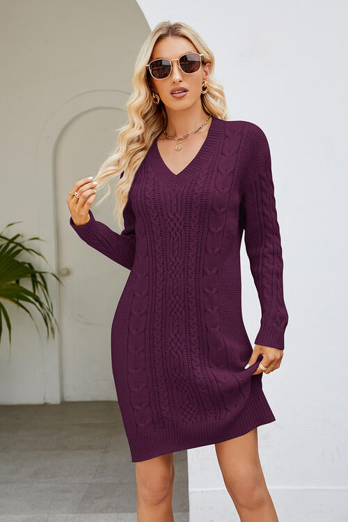 Cable-Knit Long Sleeve Sweater Dress in 4 Color Choices in Size S, M, L, or XL